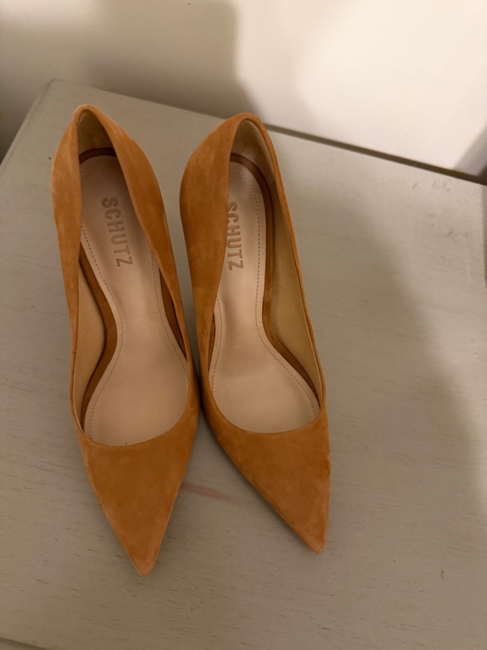 SCHUTZ Pointed Suede Pumps in Camel Tan - Picture 5 of 7